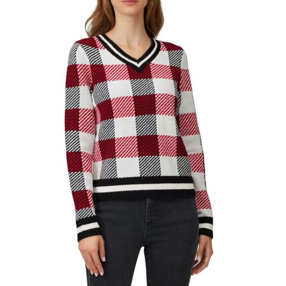Rag & Bone NWOT Gabby White Black Red Check V-Neck LS Sweater Size XS - Picture 1 of 10